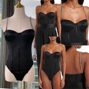 🆕 REBECCA VALLANCE 🧿 NWOT Eclipse Bodysuit, Black Mesh, Star Jewels, Sz US 4